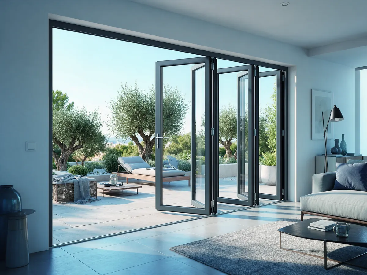 Folding door of PVC anthracite open to the garden